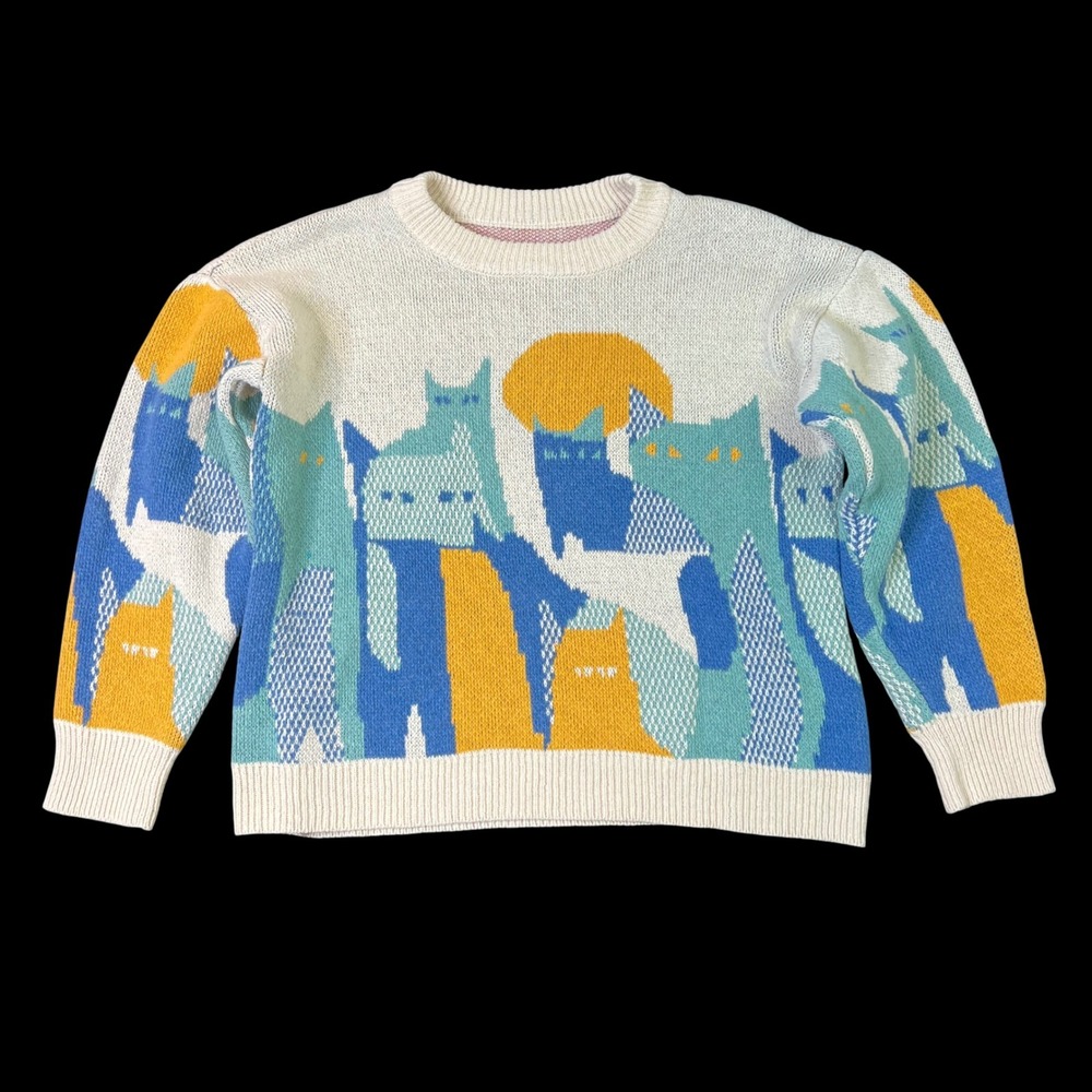 Womens Abstract Cat Graphic Knit Sweater Large Blue Mustard Yellow Crewneck